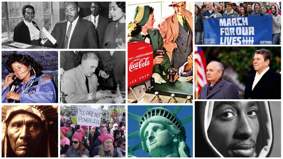 American history photos including martin luther king, ronald reagan, statue of liberty, women's march