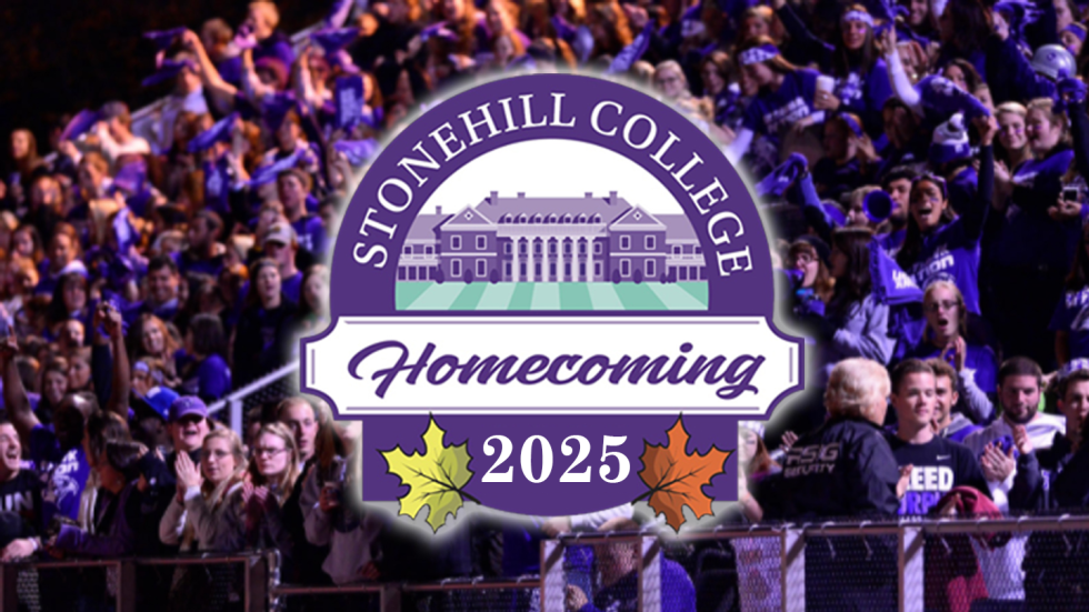 Photo of football fans with Stonehill Homecoming 2025 logo