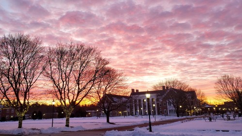 Meehan Hall in the snow.