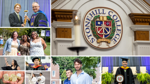 A collage of images from Stonehill College includes a seal, people celebrating, and an academic event with faculty and students.