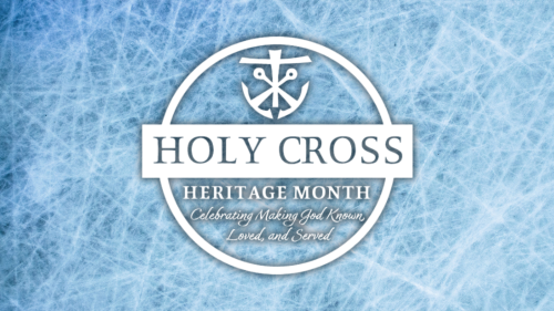 Holy Cross Heritage Month Logo over sheet of ice