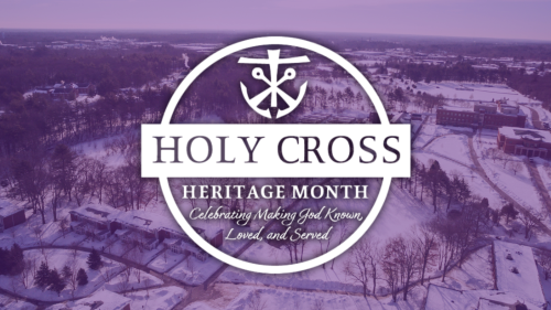 Holy Cross Heritage Month Logo over aerial shot of Stonehill under purple overlay