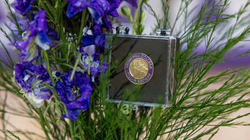 Pillar Society pin in case placed amid blue flowers.