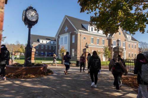 Students walking by clock.