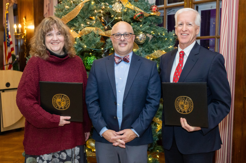 Left to Right: Professor Patricia Mason, Vice President for Academic Affairs Peter Ubertaccio and Professor Brian McKenna.