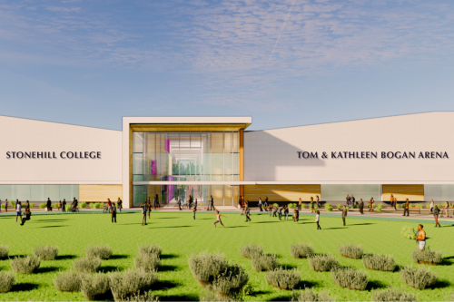Rendering of the front exterior of the new athletic arena.