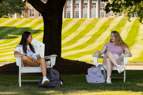 Two students sitting under a tree.