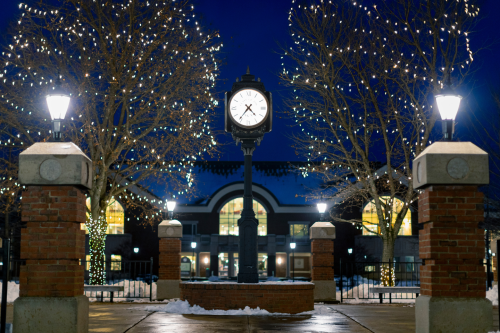 Clock on the quad at night.