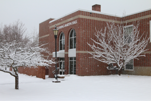 Cushing-Martin Hall in the snow.