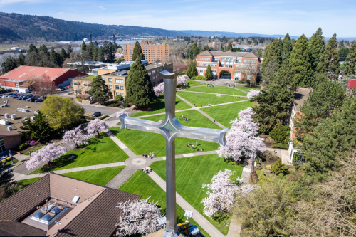Aerial shot of University of Portland campus