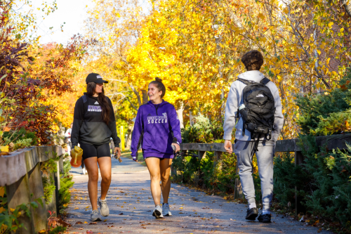Students walking on campus on autumn day.