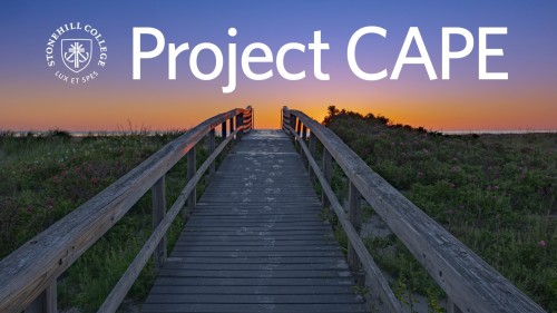 Boardwalk on beach; Project CAPE logo and Stonehill crest are above it.