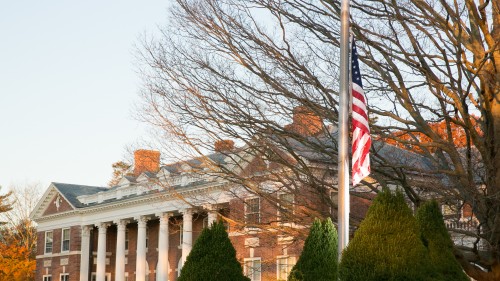 Flag in front of Donahue Hall