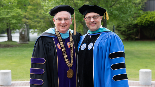 President John Denning, C.S.C., with Vice President for Academic Affairs Peter Ubertaccio at Commencement 2023.