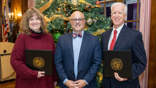 Left to Right: Professor Patricia Mason, Vice President for Academic Affairs Peter Ubertaccio and Professor Brian McKenna.