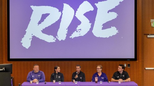 Built to Rise logo on a screen with Eli Gardner, Lee-J Mirasolo, Dean O'Keefe, Trish Brown and Zachary Aben