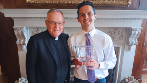 President John Denning, C.S.C. (left) and Michael Keiran Leary '25 (right)