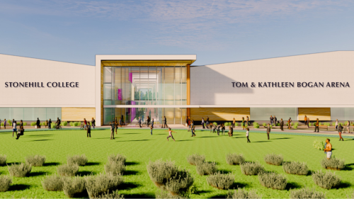 Rendering of the front exterior of the new athletic arena.