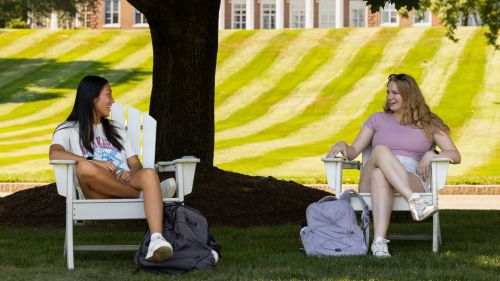 Two students sitting under a tree.