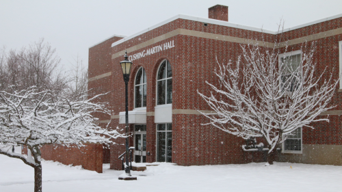 Cushing-Martin Hall in the snow.
