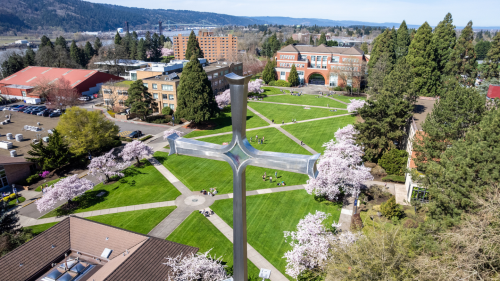 Aerial shot of University of Portland campus