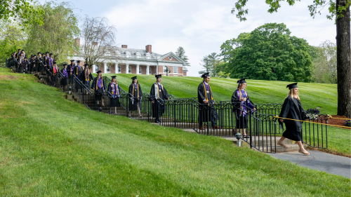 Students walking down Donahue Hill on Commencement day.