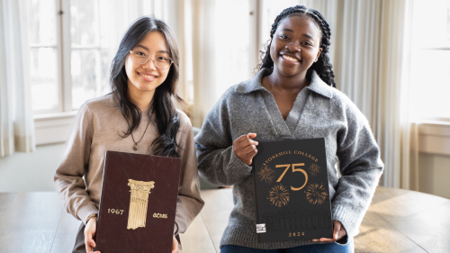 Ula Nguyen ’26 (left) holds a copy of the 1967 ACRES yearbook; Emma Afrah Tutu ’26 (right) holds a copy of the 2024 ACRES yearbook