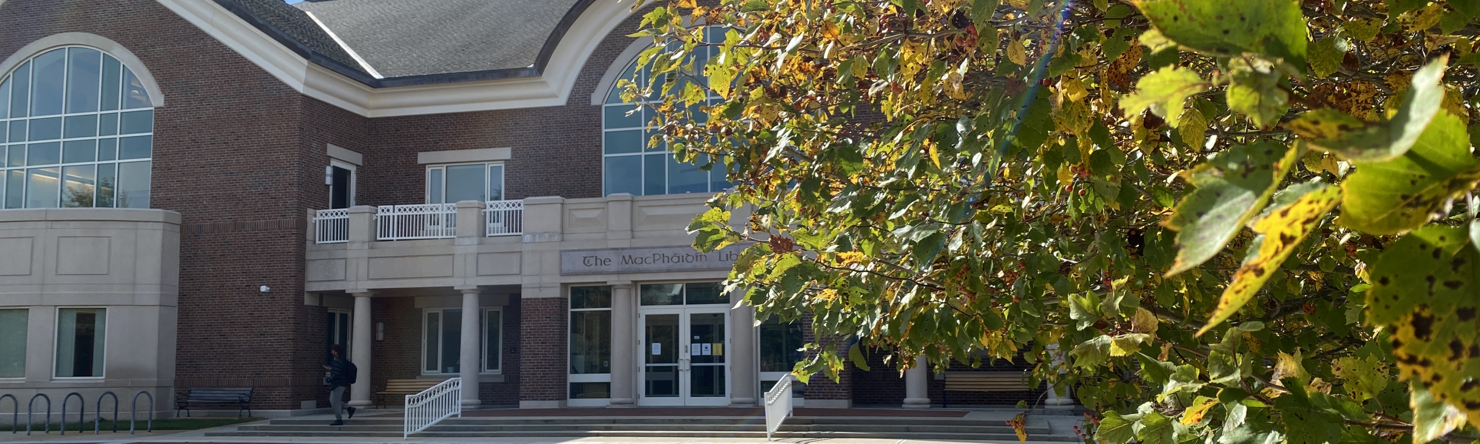 Closeup of the exterior of the library during the fall