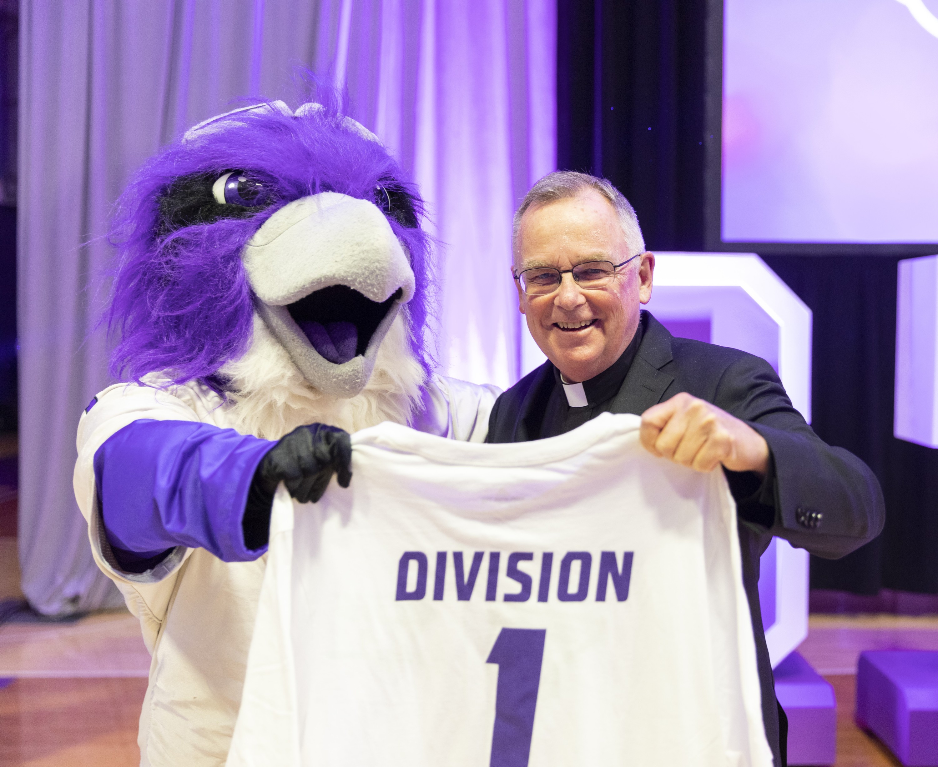 Ace mascot and President John Denning, C.S.C.