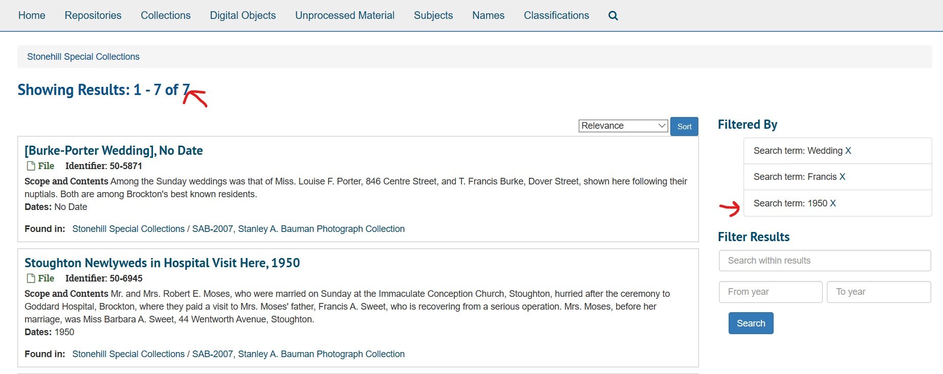 Screenshot searching Bauman Collection third filter.