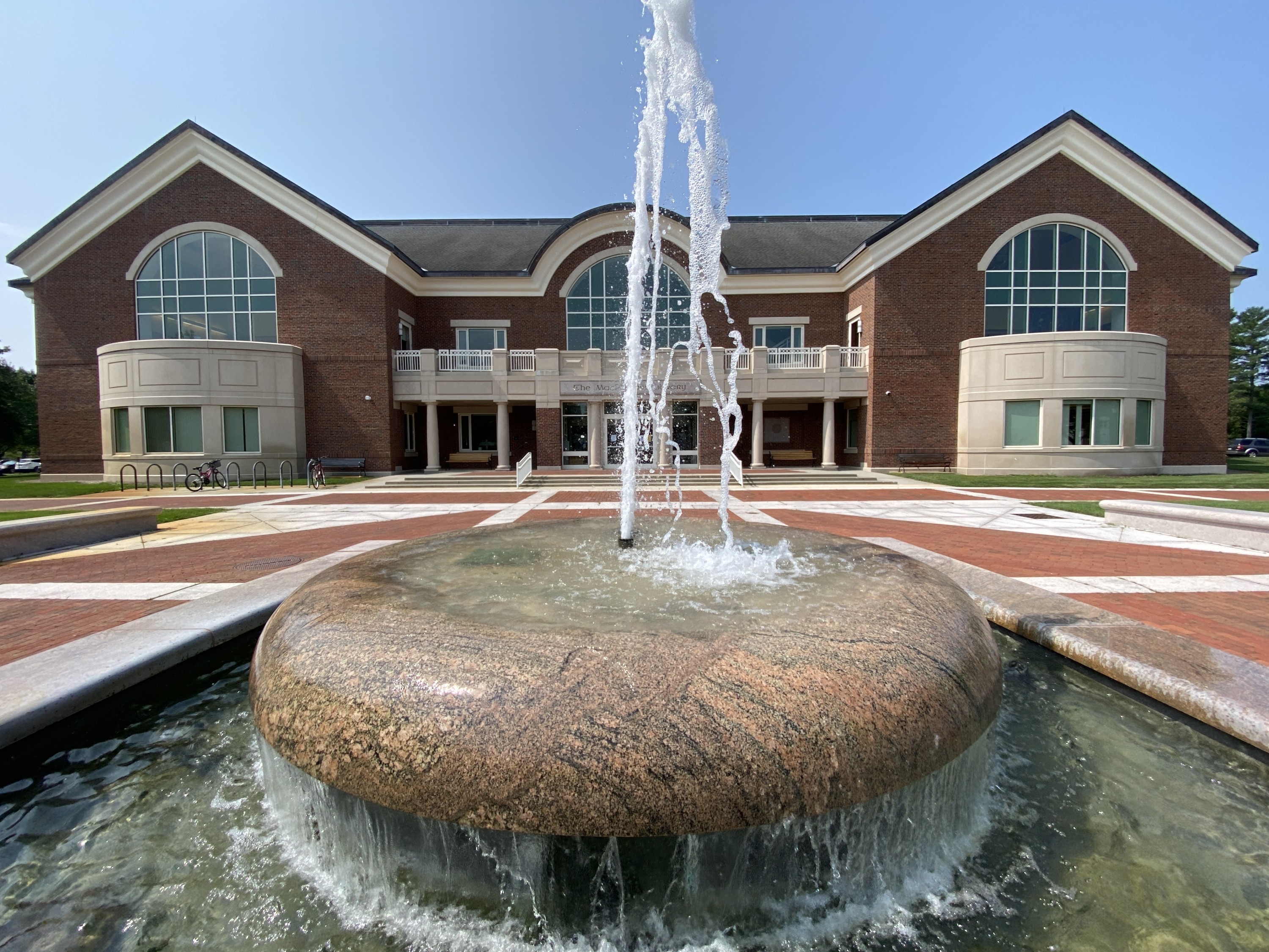 Exterior of the library with closeup of the fountain