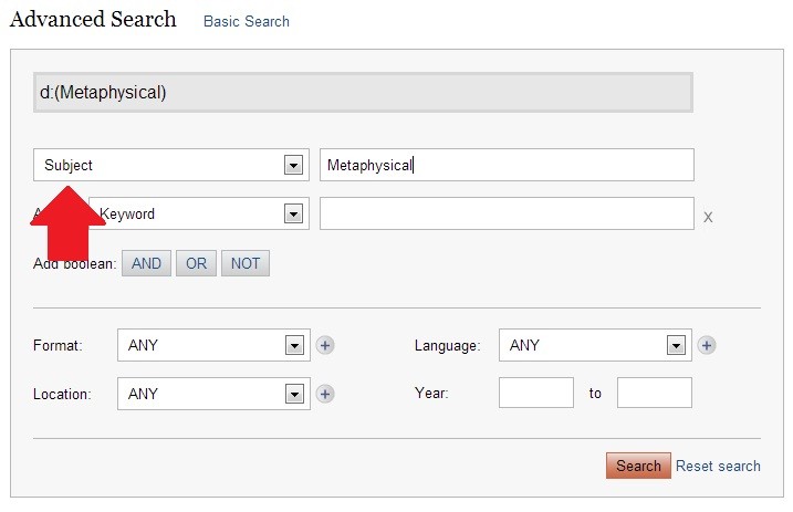 Screen shot of advanced subject search in HillSearch