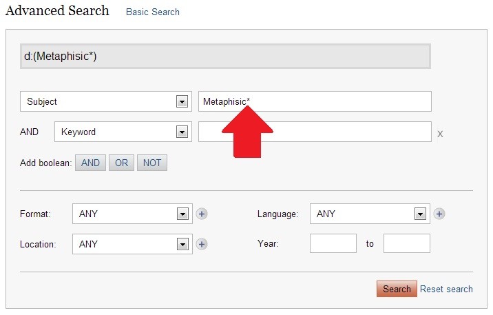Screen shot of advanced subject search in HillSearch