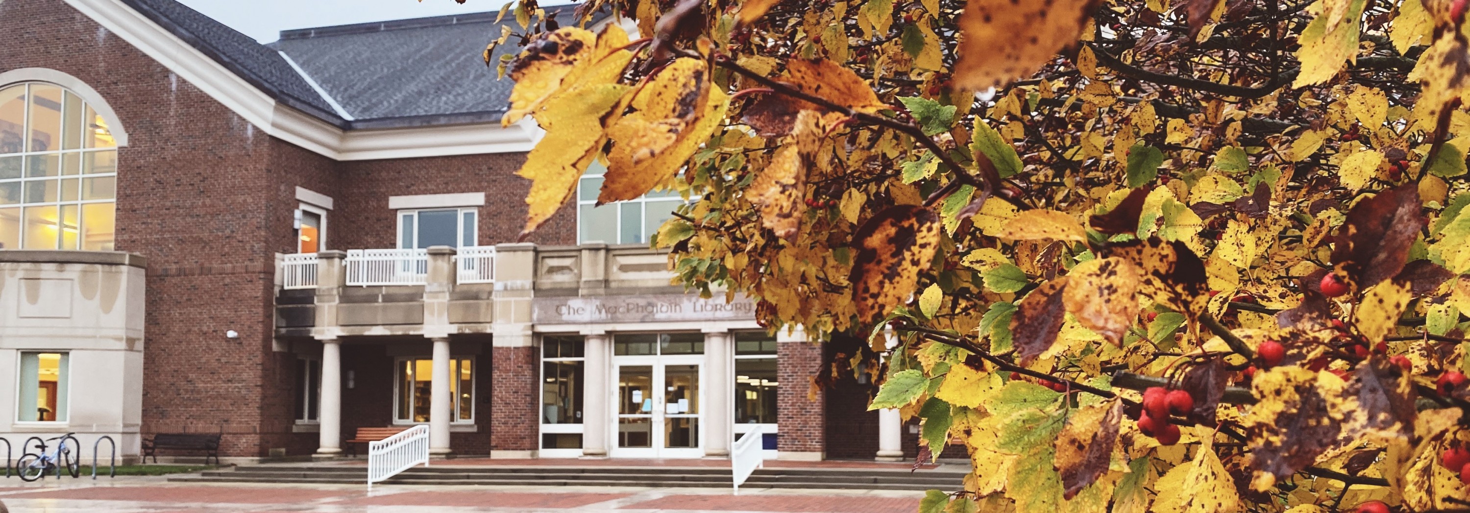 Close up exterior image of library in the fall