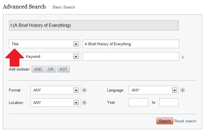 Screen shot of advanced title search in HillSearch
