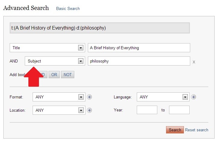 Screen shot of advanced title search page in HillSearch